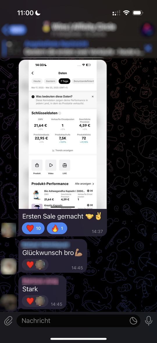 Chat-Screenshot: Mitglied meldet den ersten Sale mit TikTok-Shop-Statistik
