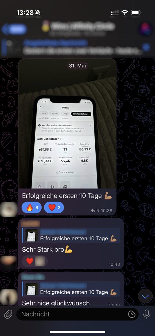 Chat-Screenshot: Mitglied meldet erfolgreiche erste 10 Tage