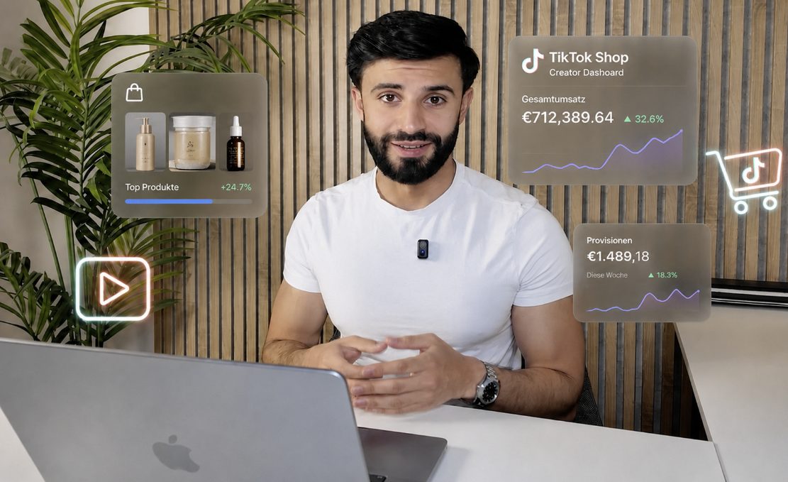 Sam Ghaziani am Laptop mit seinem TikTok-Shop-Dashboard
